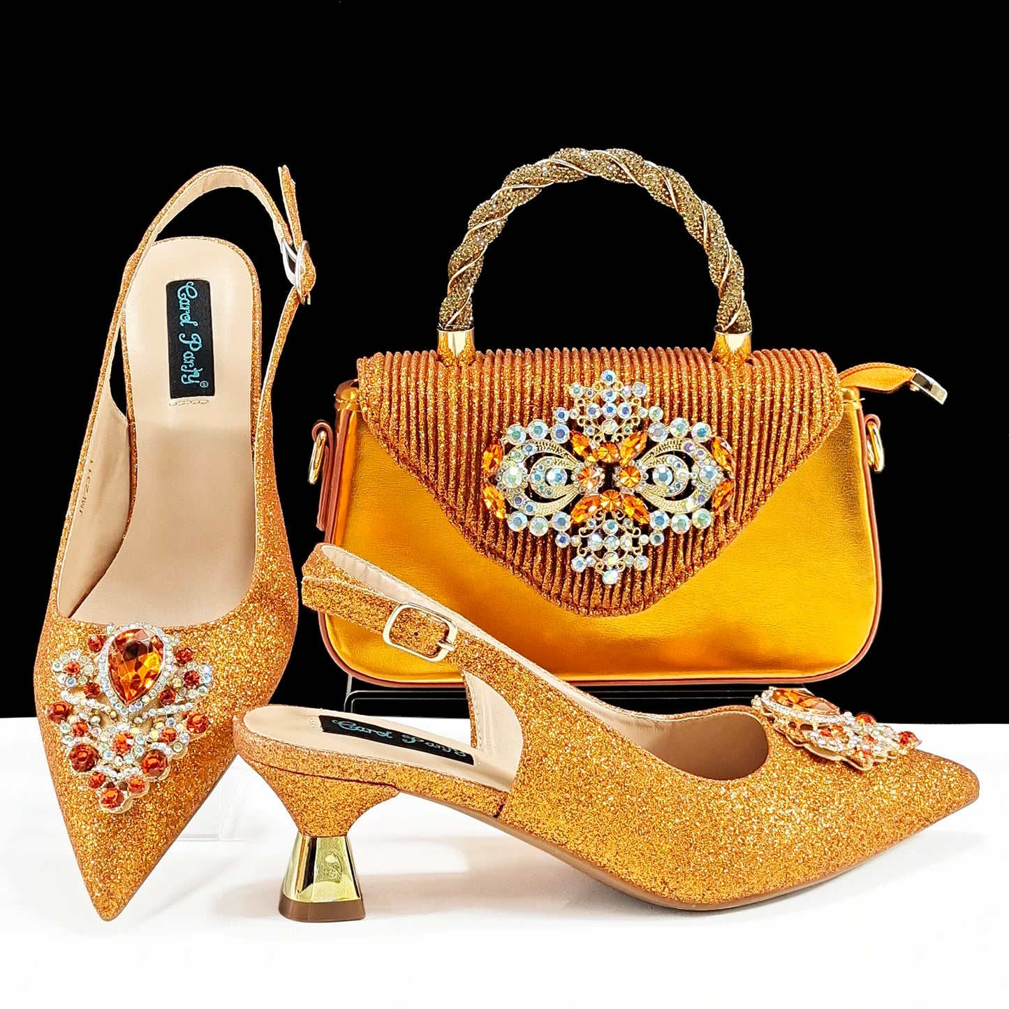 Italian Design Peach Color Pointed Toe Shoe & Bag Set Rhinestone Luxury  Women's High Heels for Parties By QSGFC