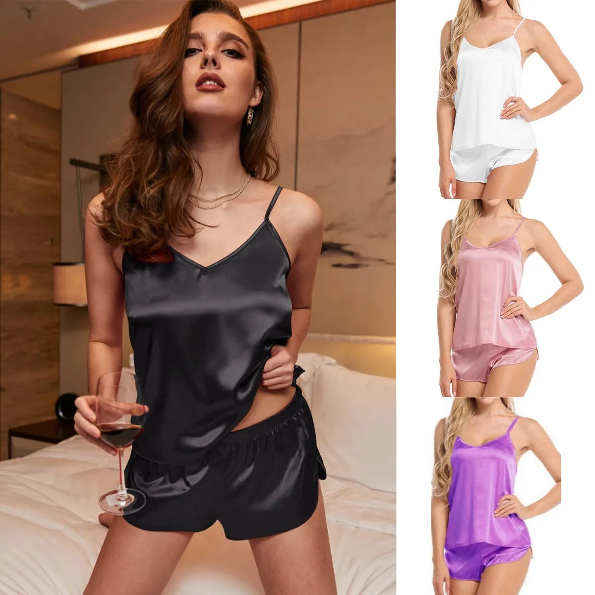 Women's Pajamas Lingerie Set Satin Silk Camisole Shorts Sets 2 Pieces Sleepwear Top Shorts Nightwear Suits Sleeveless Underwear