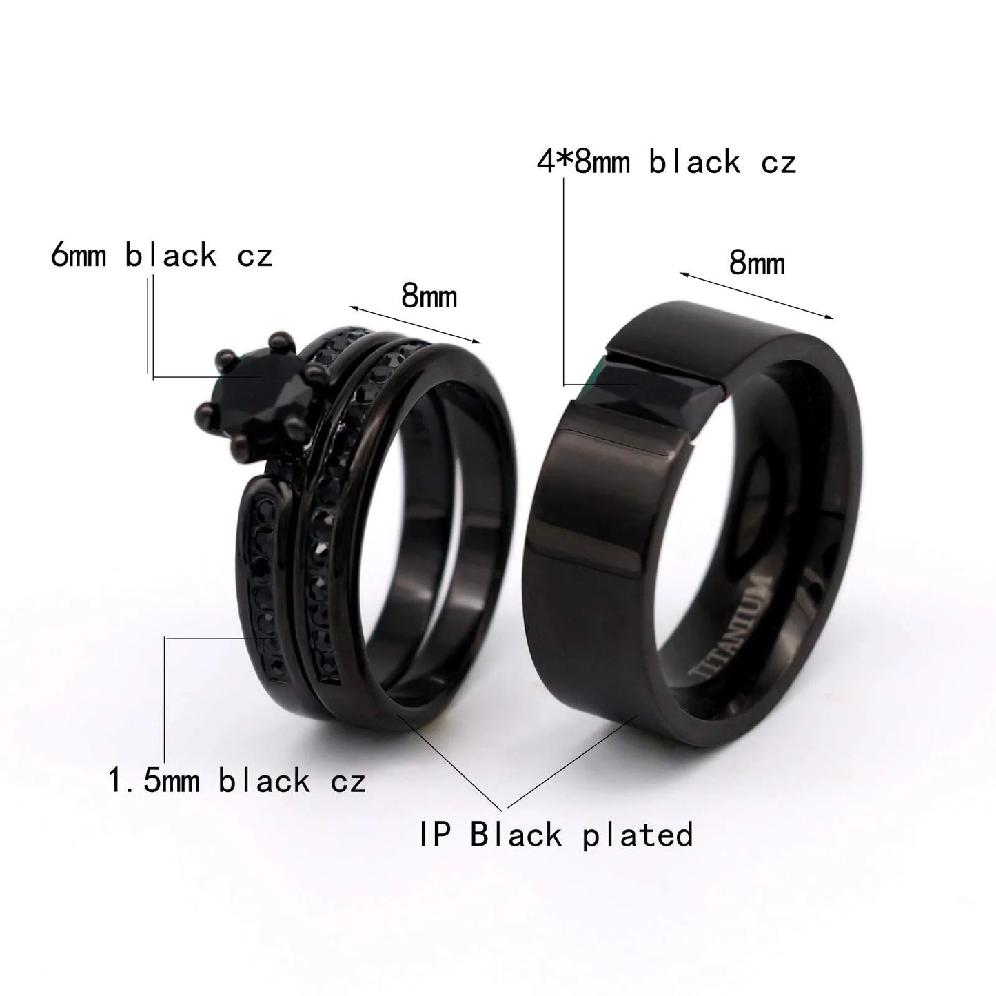Fashion Couple Rings Women's Black Rhinestones Zirconia Rings Set Men's Stainless Steel Zirconia Rings Wedding Band Jewelry Gift