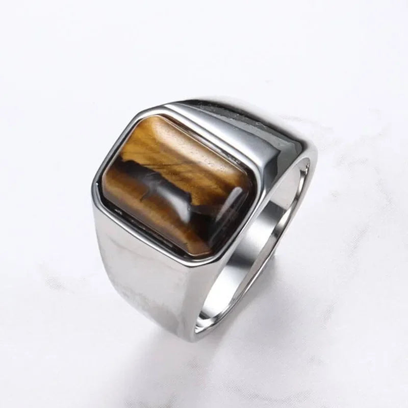 Natural Gemstone Tiger Eye Signet Ring Stainless Steel Waterproof Handmade Jewellery Rings for Men Women Father Boyfriend Gift