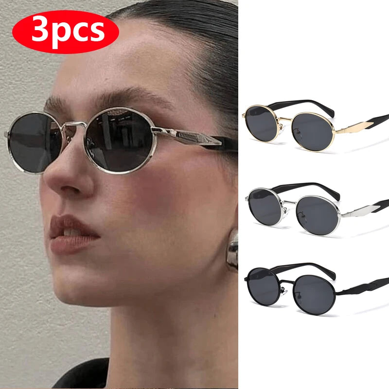 Car Sun Glasses 3pcs New  Metal Small Oval Sunglasses Women Trend High Quality Classic Men Luxury Brand Eyewear Unisex
