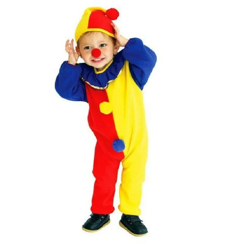 Children Halloween Buffoon Costumes Baby Clown Cosplay Costume Circus Jumpsuits Kids Christmas Day New Year Rompers Hat