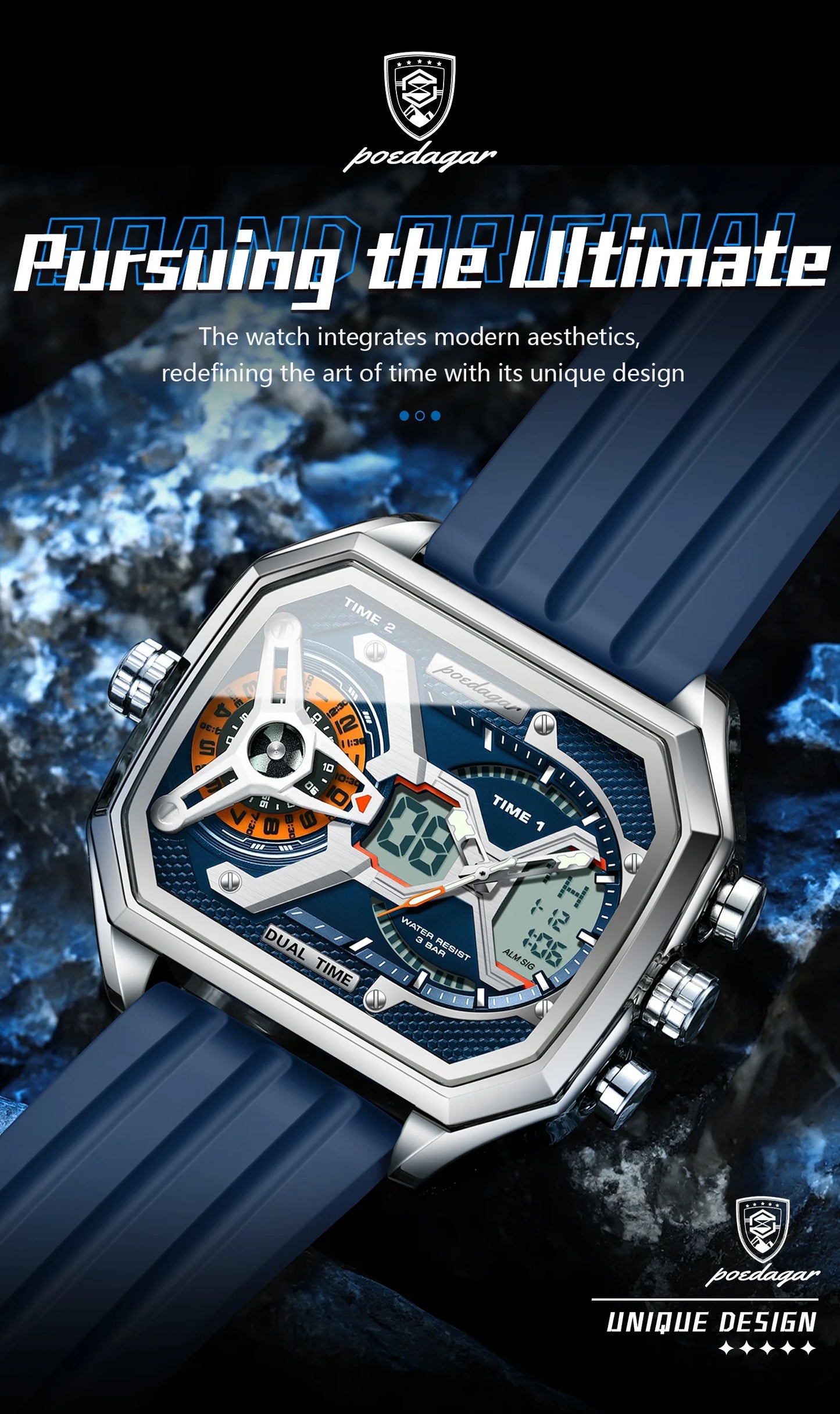 POEDAGAR Top Luxury Men Clock Date Week Luminous LED Man Watch Silicone Strap Electronic Dual Time Fashion Men's Quartz Watches