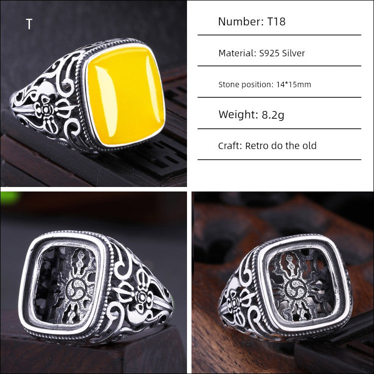 S925 Sterling Silver Ring Frame DIY Inlaid Beeswax Turquoise Amber South Red Ring Gem Opening Men Square Ring Setting