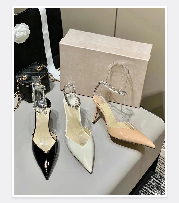 2025 New Mesh Hot Drilled Sexy Versatile Pointed Shallow Mouth Water Diamond Chain High Heels Baotou Sandals for Women