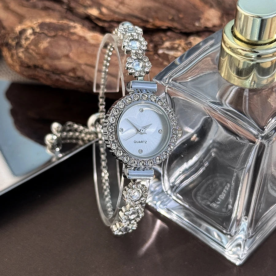 Foreign trade chalcedony bracelet watch set with diamond light luxury live new fashion quartz watch pull diamond women's watch