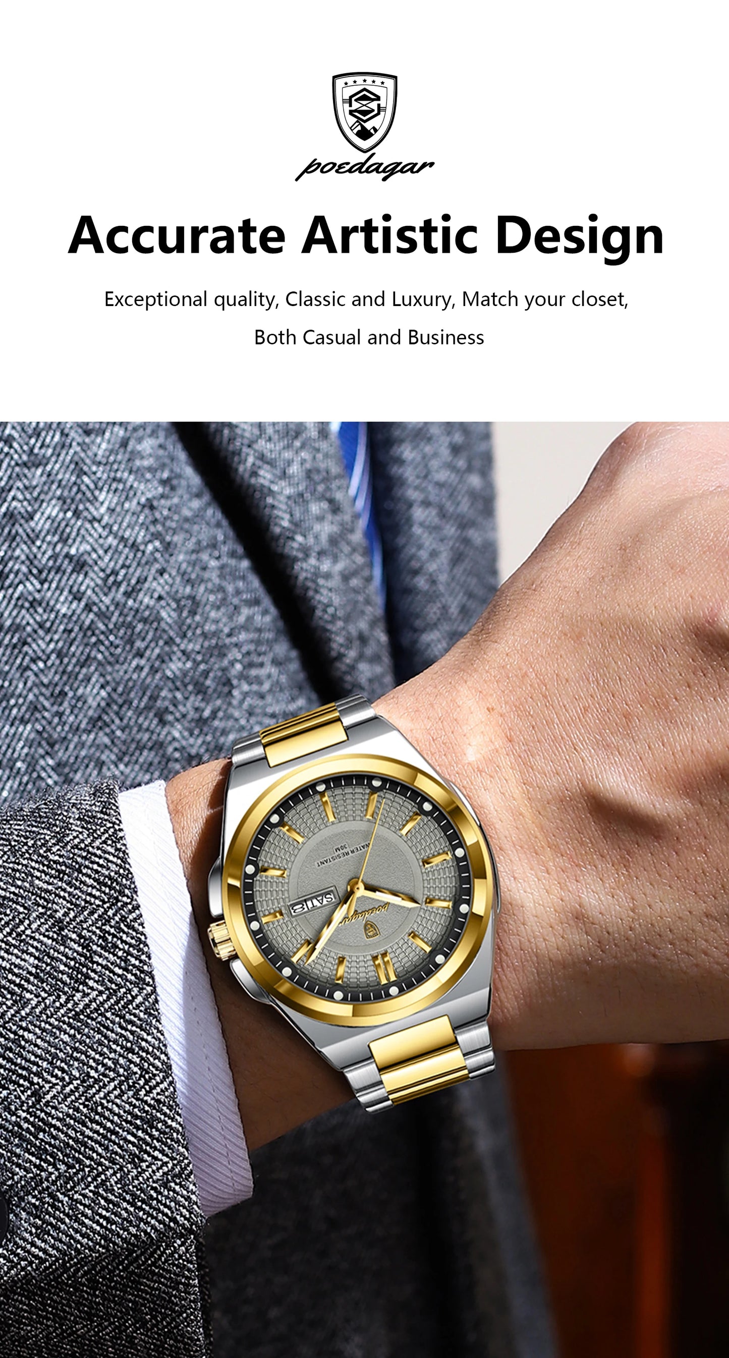 POEDAGAR Luxury Men's Wristwatch Stainless Steel Date Week Man Watch Waterproof Luminous Business Fashion Quartz Watches For Men