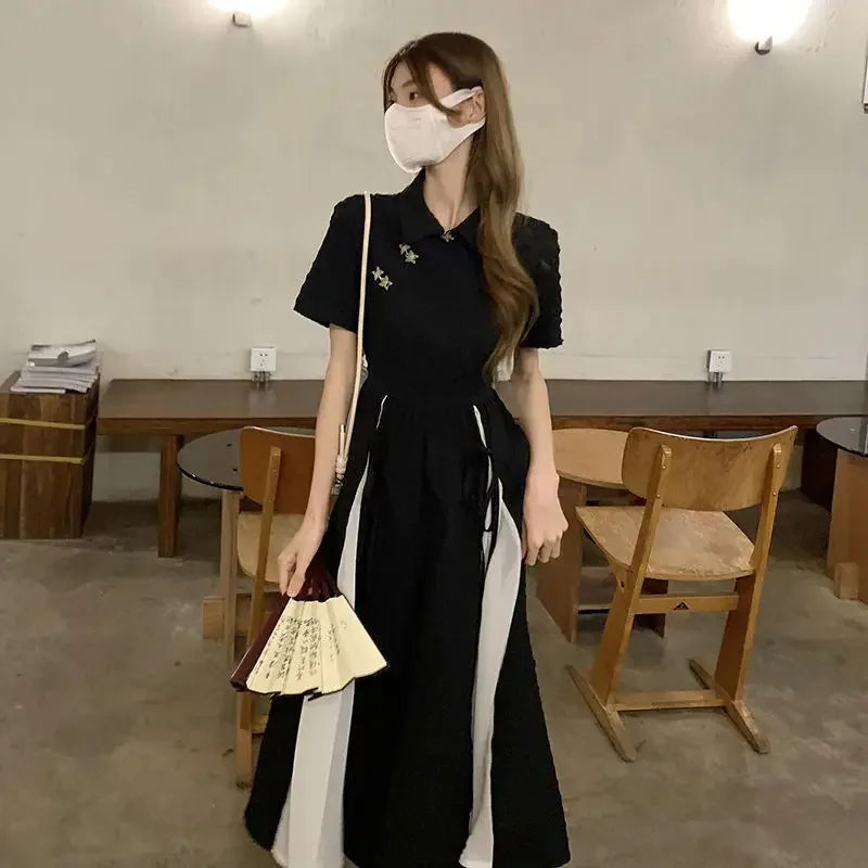 Plus Size New Chinese Style Dress Women's Clothing Summer New Solid Colors Short Sleeves Spliced Long Dress Women's Plus Size...