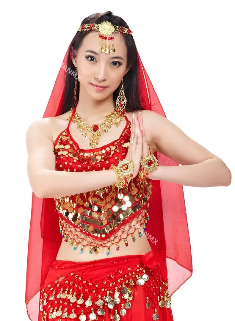 Indian Costume Set 4-pieces Belly Dance Veil Top Coins Hip Scarf Skirt Belly Dance Costume Women