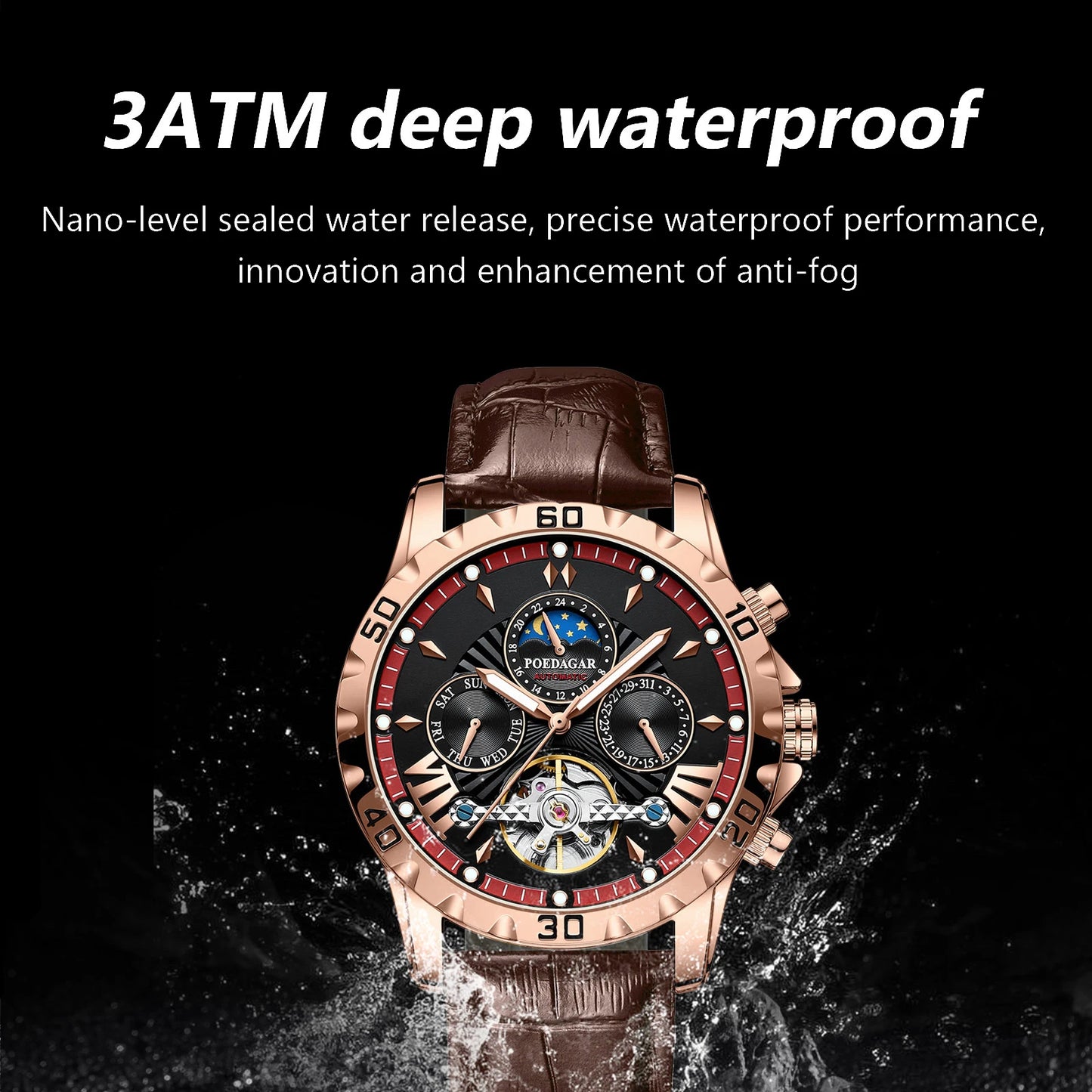 POEDAGAR Luxury Automatic Mechanical Wristwatch Waterproof Luminous Date Week Tourbillon Leather Men Watch Men's Fashion Watches