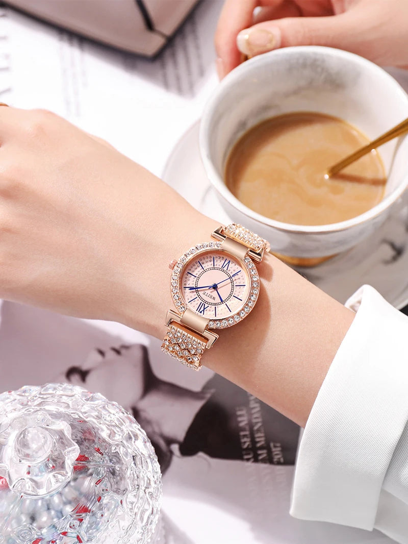 Women's Fashion Quartz Watch Full Diamond Steel Band Water Diamond Full Sky Star Roman Pattern Bracelet Reloj Girl UTHAI H11