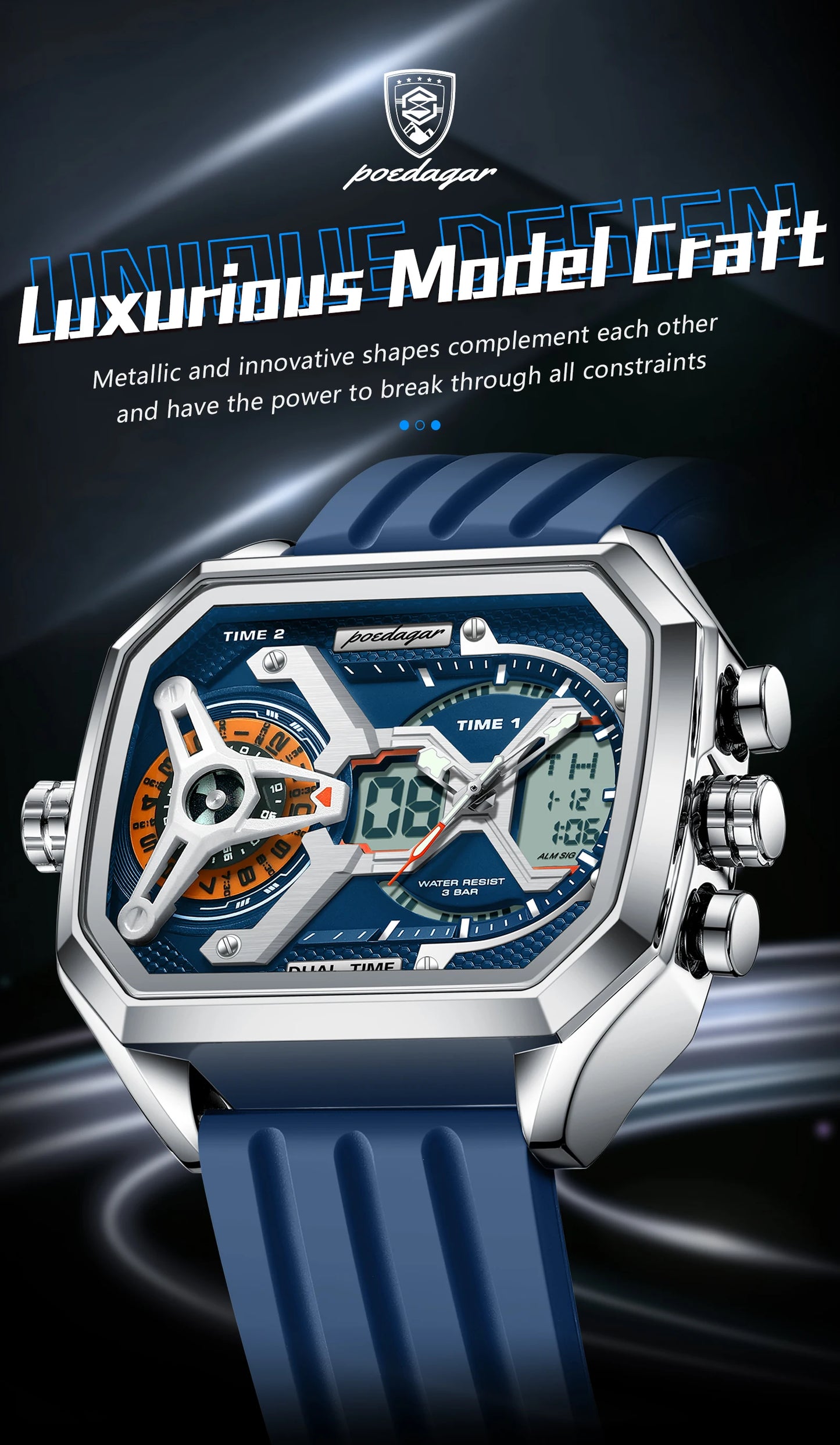 POEDAGAR Top Luxury Men Clock Date Week Luminous LED Man Watch Silicone Strap Electronic Dual Time Fashion Men's Quartz Watches