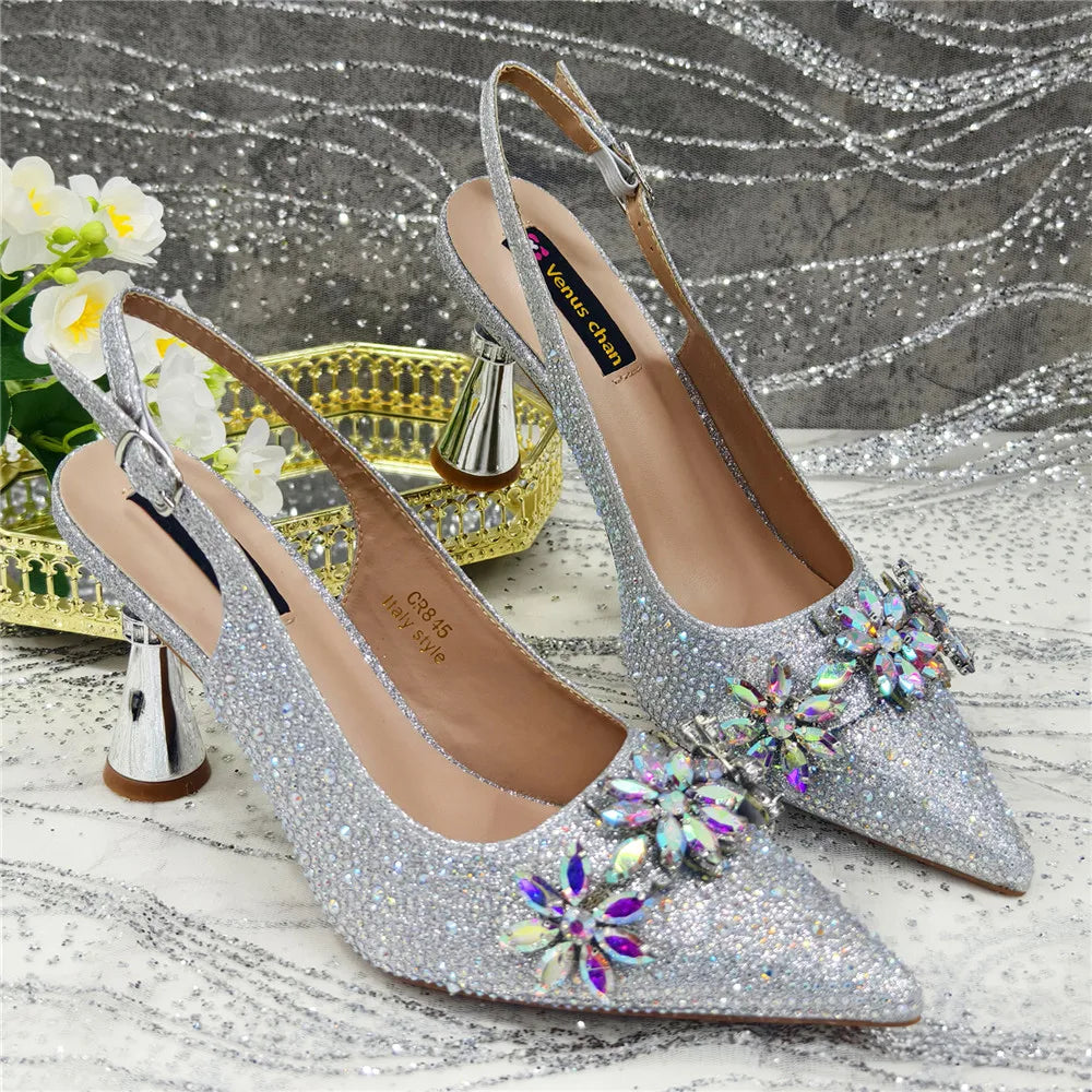 Popularity Pointed Toe High Heels Shoes and Bags Set With Rhinestone for Women Wedding Party Elegant Luxury Fashion