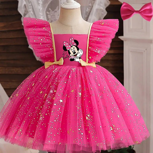 Mickey Minnie Mouse Princess Dress for Girls Sequined Star Ruffle Bow Tutu Baby Formal Gala Prom Gown Kids Evening Party Costume