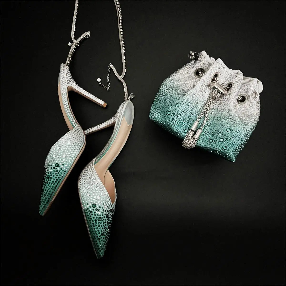 CHMURY Pointed Toe Rhinestone Heels and bag Set for Women Luxury Wedding Party
