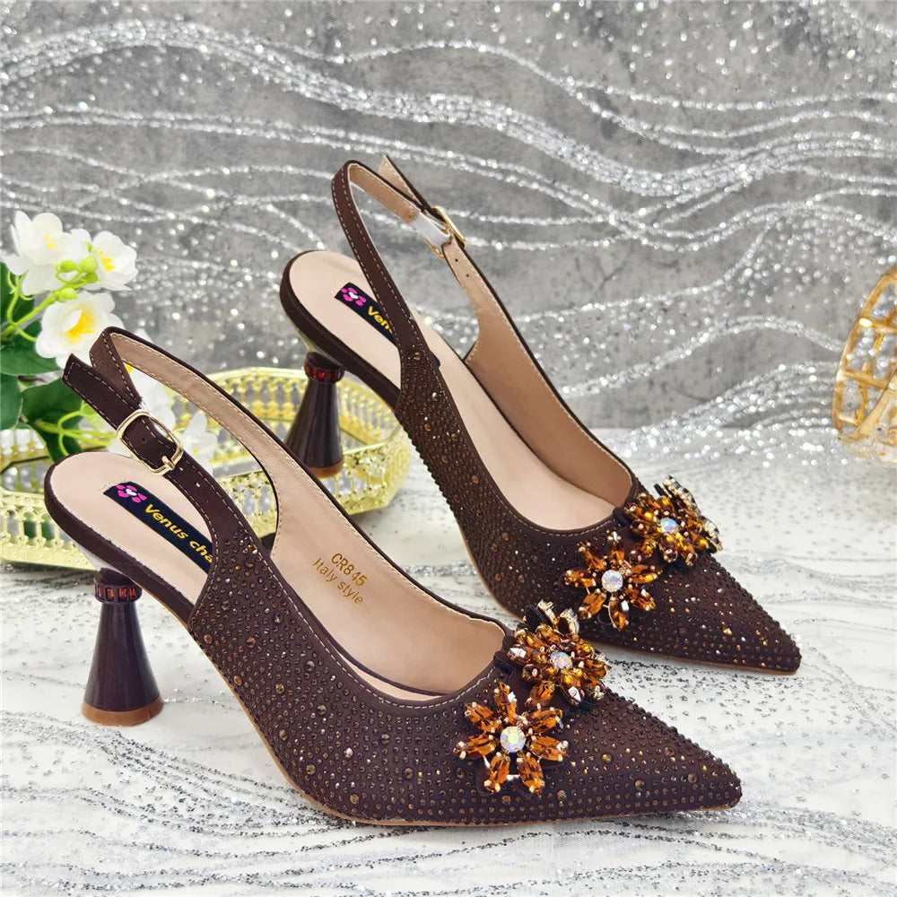 Popularity Pointed Toe High Heels Shoes and Bags Set With Rhinestone for Women Wedding Party Elegant Luxury Fashion