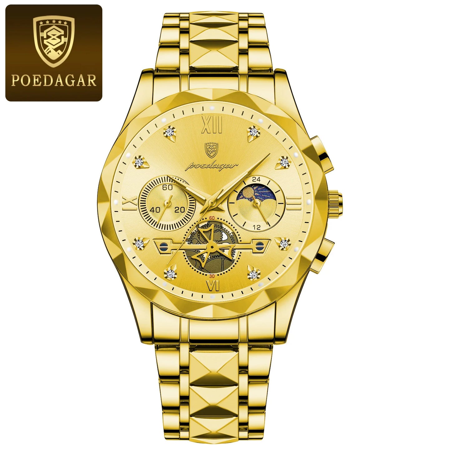 POEDAGAR Fashion Luxury Man Wristwatch Stainless Steel Quartz Watches for Men Waterproof Luminous Chronograph Sports Men's Watch