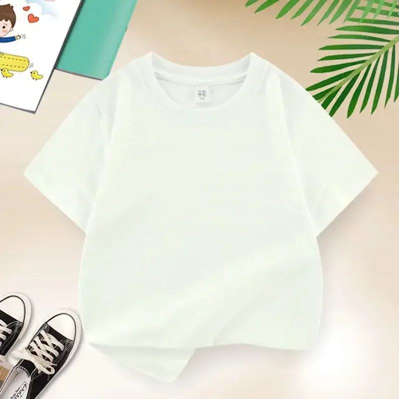 Kids T-shirt Summer Cotton Top Boys Girls Solid Color Blank T-shirt O Neck Round Neck Short Sleeve Pair of White Top T-shirt