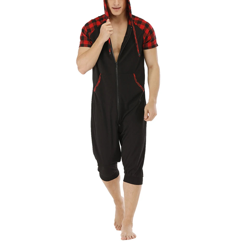 Men Short Sleeve Jumpsuit Sweatshirt Male Hoodies Zipper Overalls Bodysuit Rompers Short Pant Casual Home Wear Tracksuit Pajamas