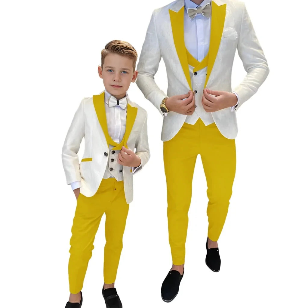Classic Jacquard Kids 3 Piece Suit for Boys 3-16 Years Peak Lapel One Button Boy Suit Birthday Party Blazer Vest Pant Suit Set
