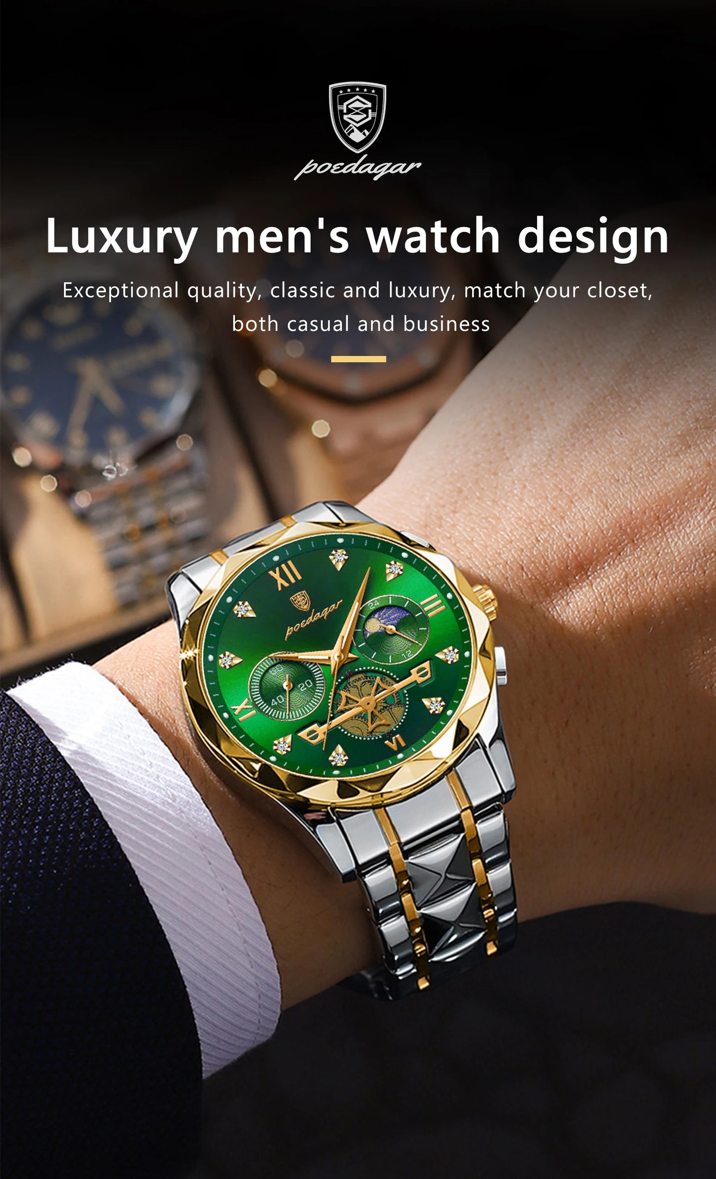 POEDAGAR Top Trendy Men Wristwatch Stainless Steel Chronograph Man Watch Waterproof Luminous Business Men's Quartz Watches Reloj