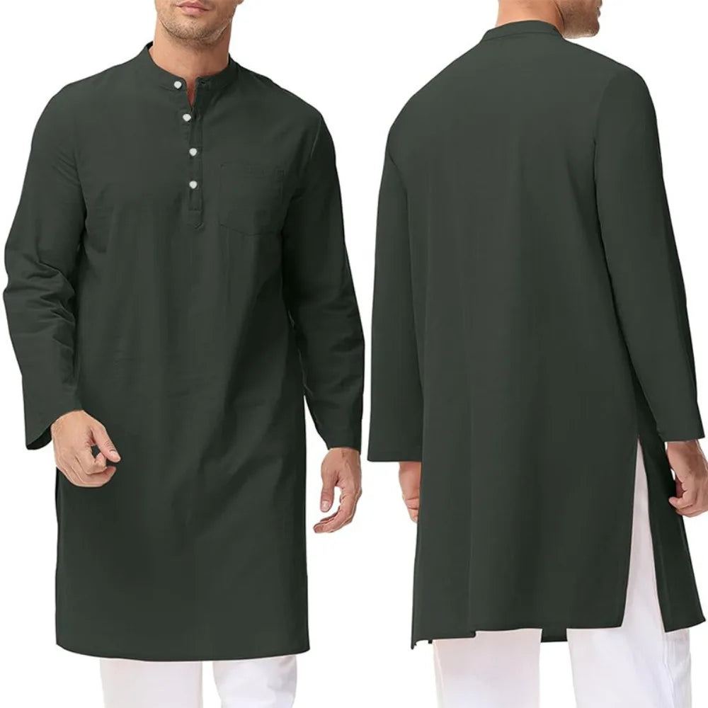 Inheritance of Ethnic Culture! Men's Long-Sleeve Thobe with Side Slits and Buttons, Classic Style of Traditional Ethnic Clothing