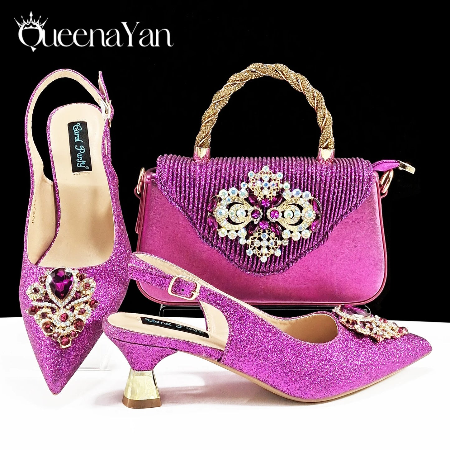 Italian Design Peach Color Pointed Toe Shoe & Bag Set Rhinestone Luxury  Women's High Heels for Parties By QSGFC