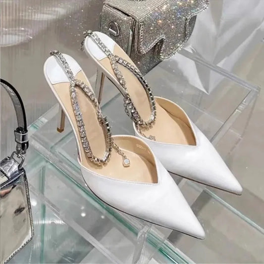 2025 Crystal Pendant White Wedding Shoes Bridesmaid Shoes One-Line Sandals Rhinestone Pointed Stiletto Satin Sexy Party Pumps