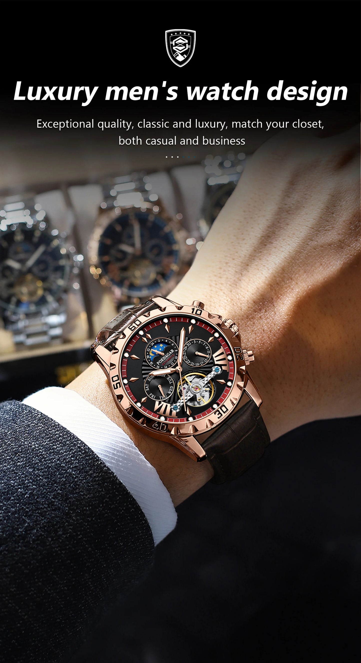 POEDAGAR Luxury Automatic Mechanical Wristwatch Waterproof Luminous Date Week Tourbillon Leather Men Watch Men's Fashion Watches