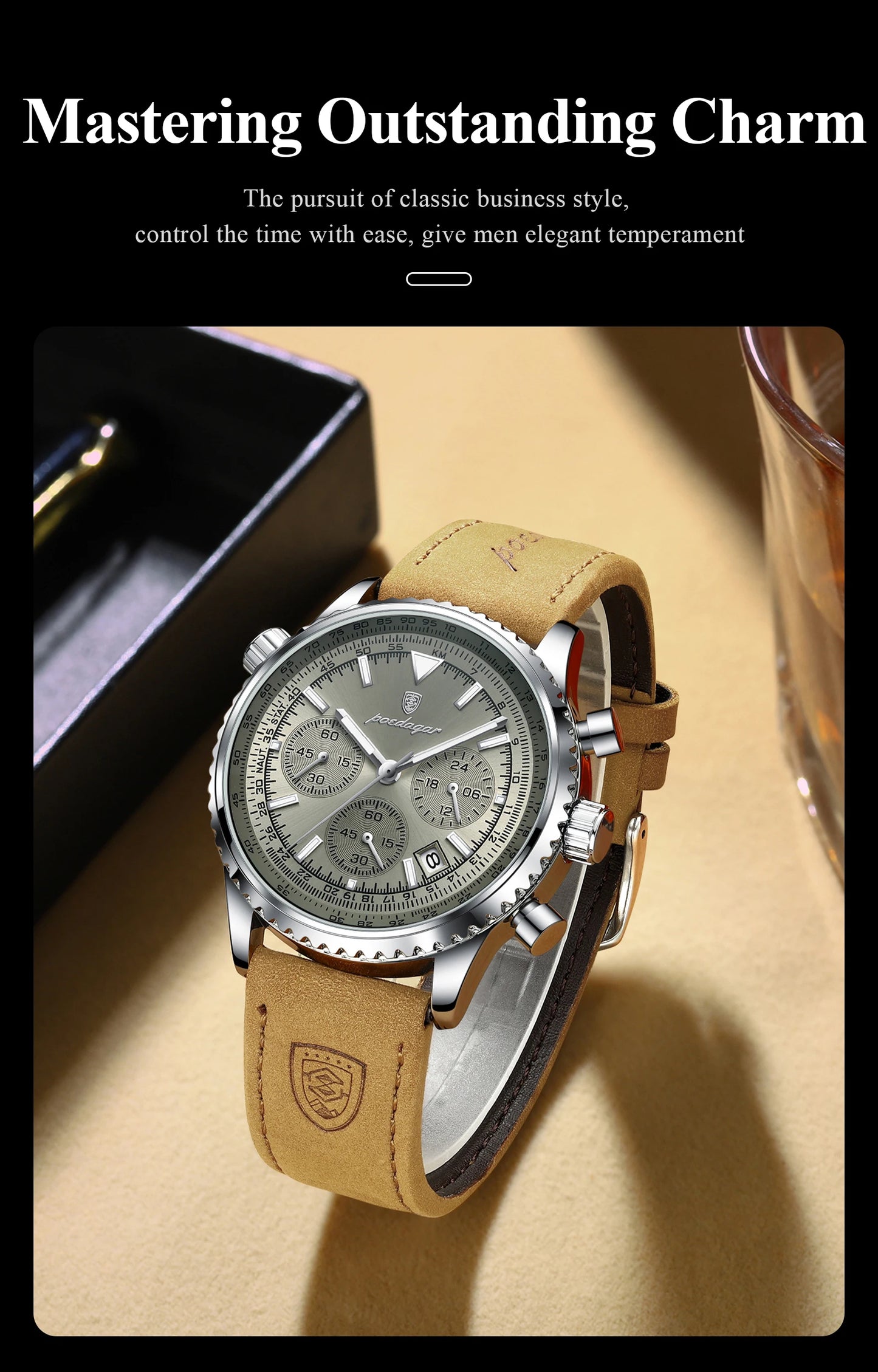 POEDAGAR Fashion High Quality Men Clock Chronograph Waterproof Luminous Calendar Man Wristwatch Leather Quartz Men's Watches+Box