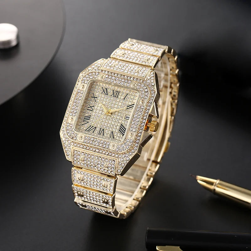 Luxury Classic Business Men's Steel Strap Square Roman Scale Rhinestone Quartz Watch Fashion Male Wristwatch Relogio Masculino