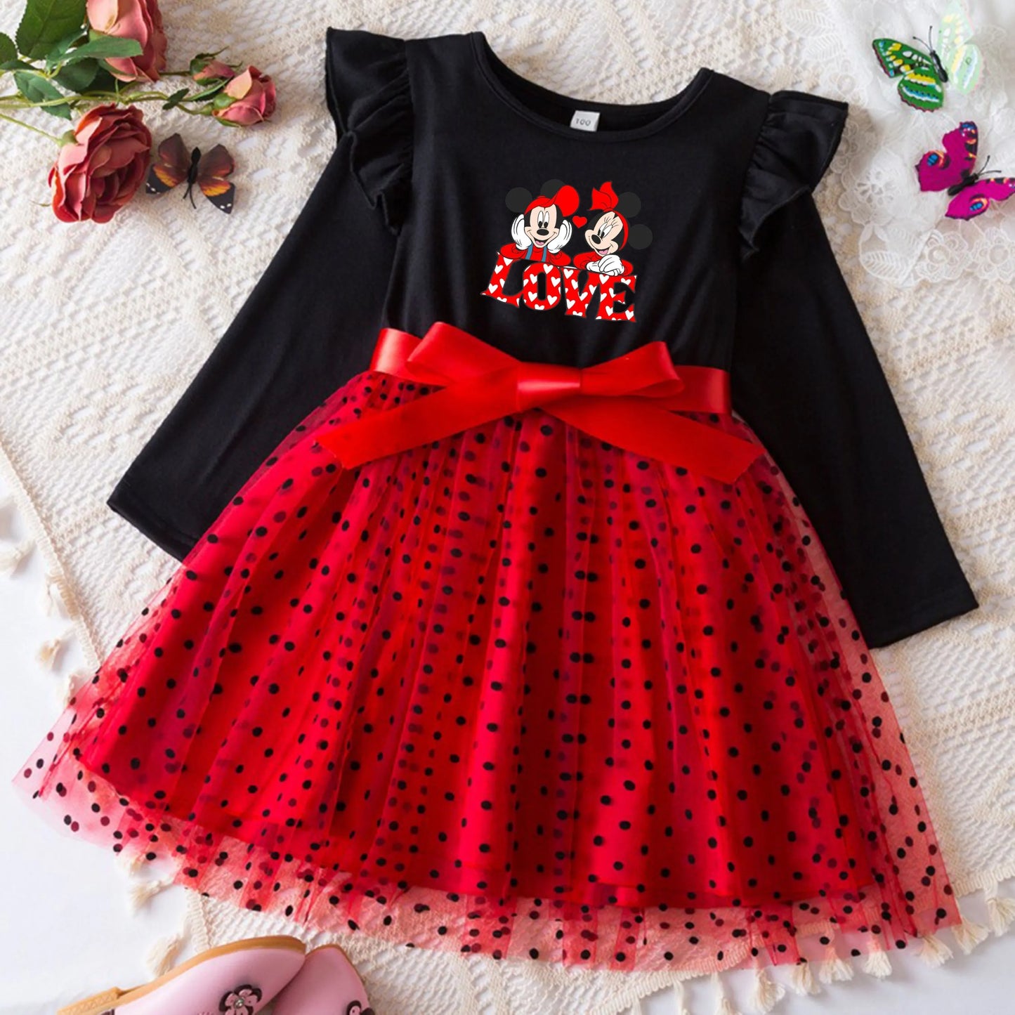 Mickey Minnie Fall Dresses for Girls Dresses Birthday Party Long Sleeve Princess Costume Teen Children's Party Clothes Autumn