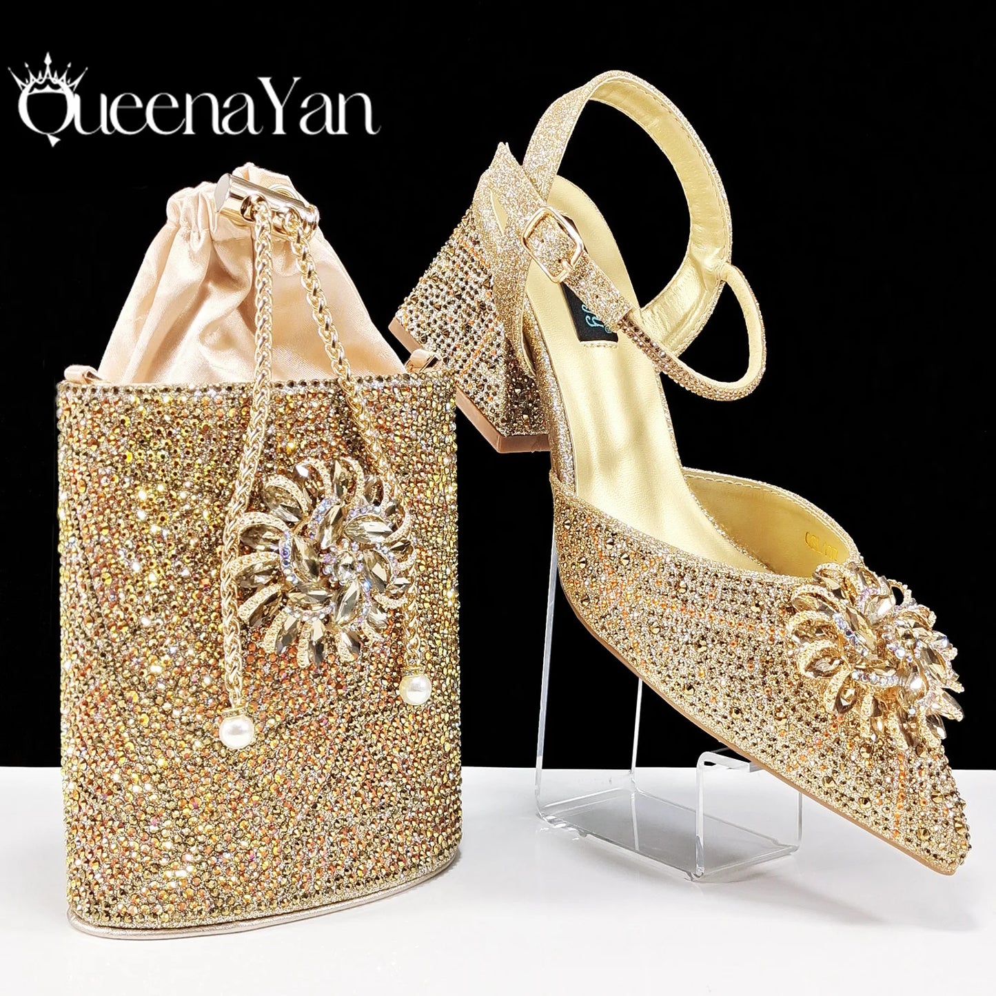 QueenaYan African Ladies Elegant Pointed Toe Shoes with shiny Metal Stand Bag Women Party Shoes or Commuting Shoes and Bag Set