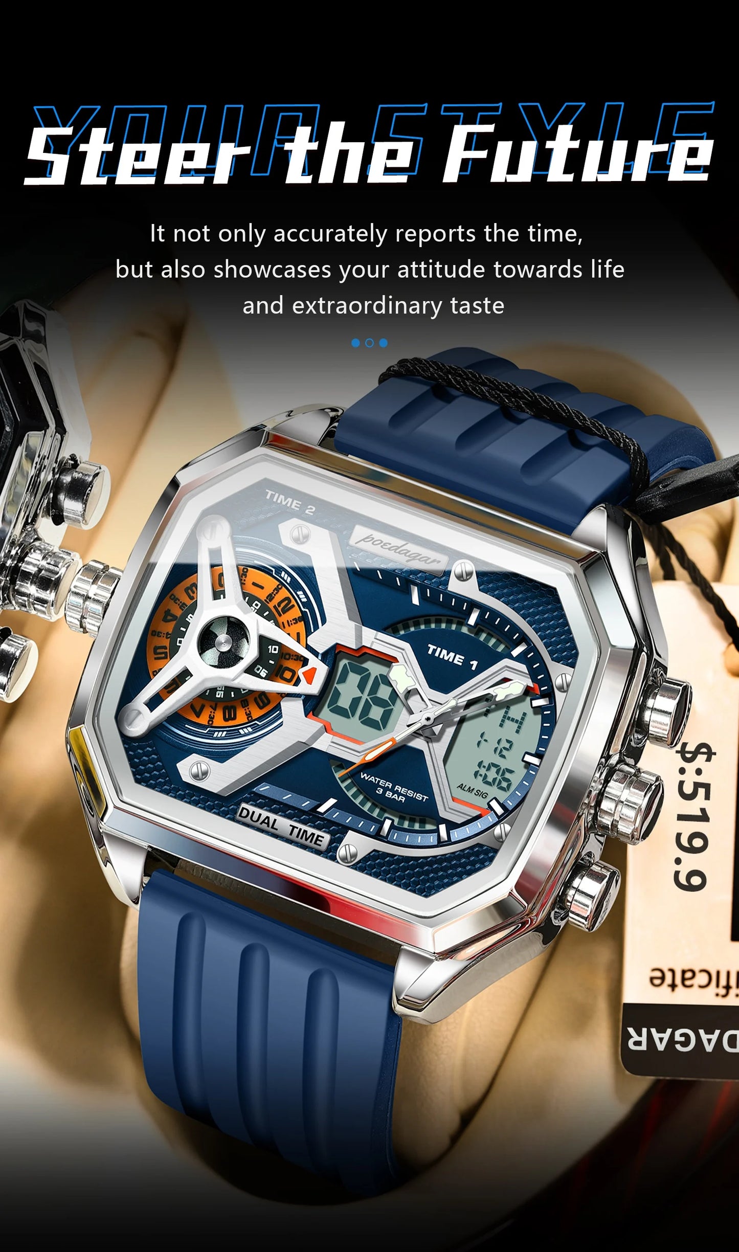 POEDAGAR Top Luxury Men Clock Date Week Luminous LED Man Watch Silicone Strap Electronic Dual Time Fashion Men's Quartz Watches