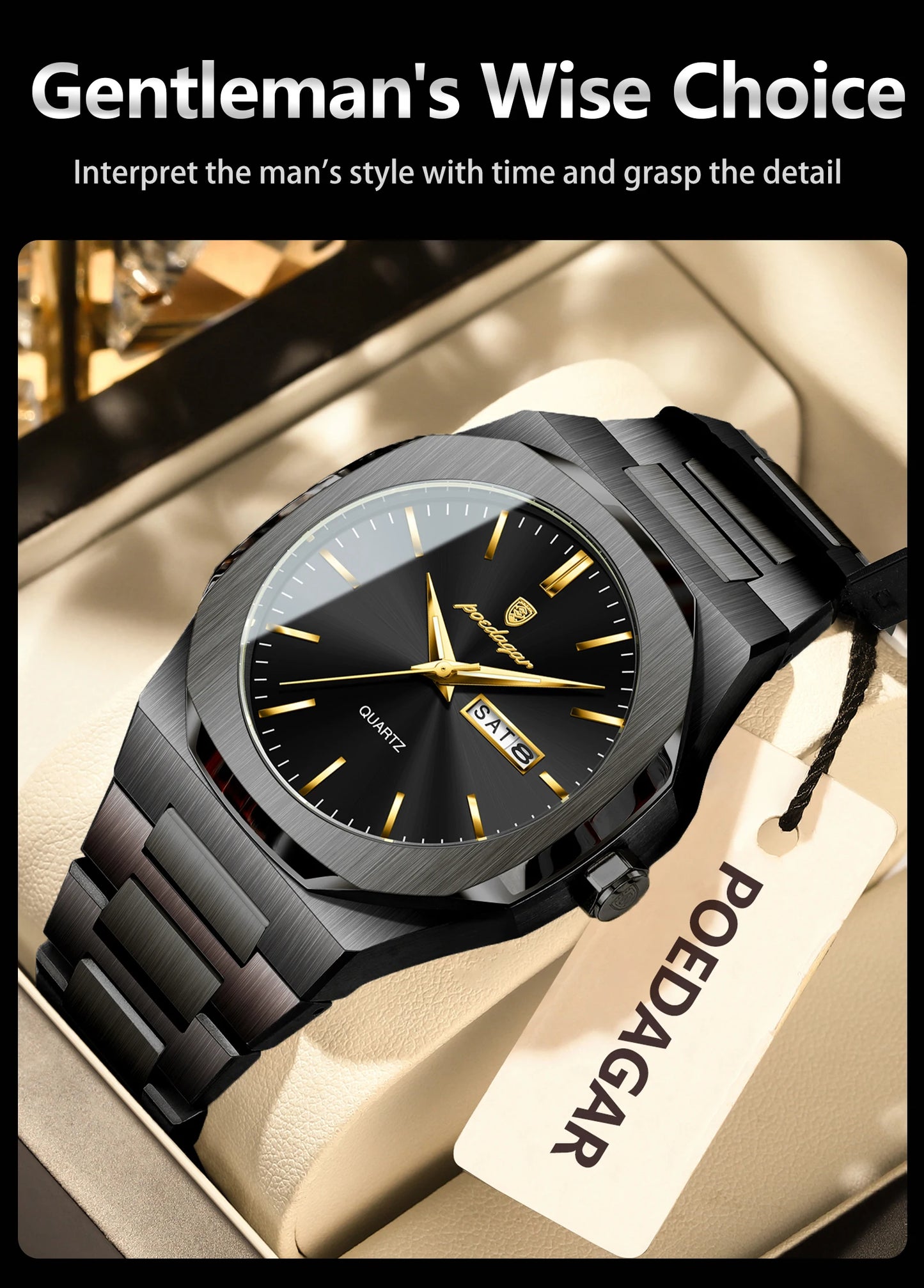 POEDAGAR Fashion Brand Male Watch Waterproof Luminous Stainless Steel Watches For Men Date Week Casual Quartz Men's Clock Reloj