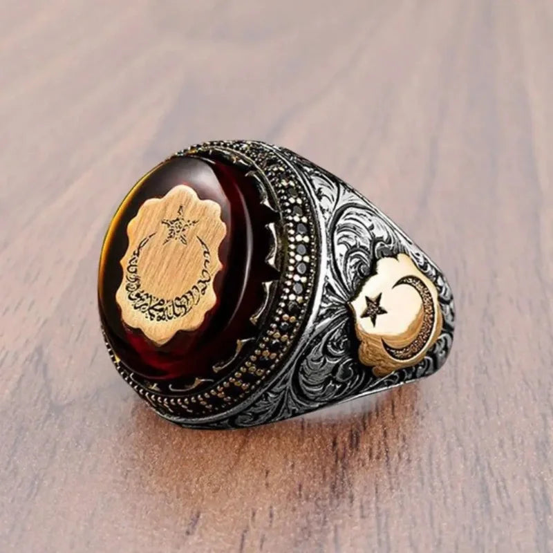 Male Ring Personality Hand Engraved Pattern Handmade Lustrous Vintage Red Stone Turkish Signet Ring Finger Jewelry Accessory ﻿