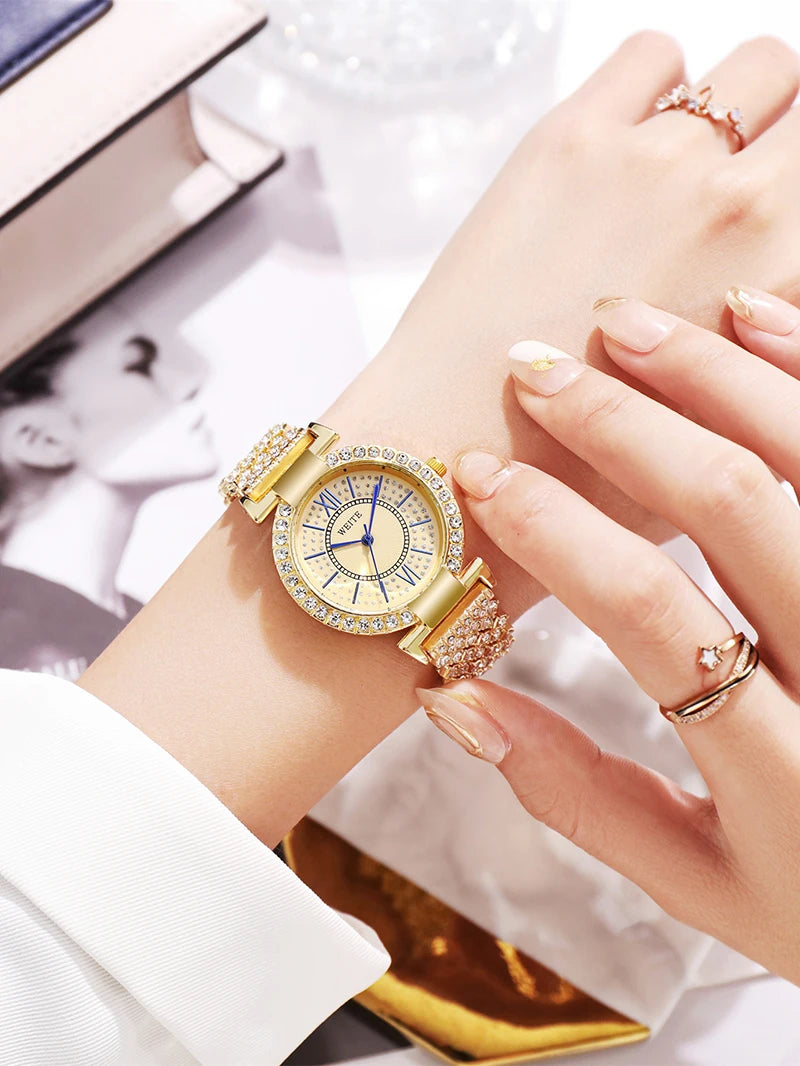 Women's Fashion Quartz Watch Full Diamond Steel Band Water Diamond Full Sky Star Roman Pattern Bracelet Reloj Girl UTHAI H11