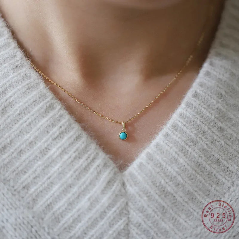 Retro 925 Sterling Silver 14k Gold Plated Necklace for Women Blue Turquoise Mini Geometric Round Pendant Clavicle Chain