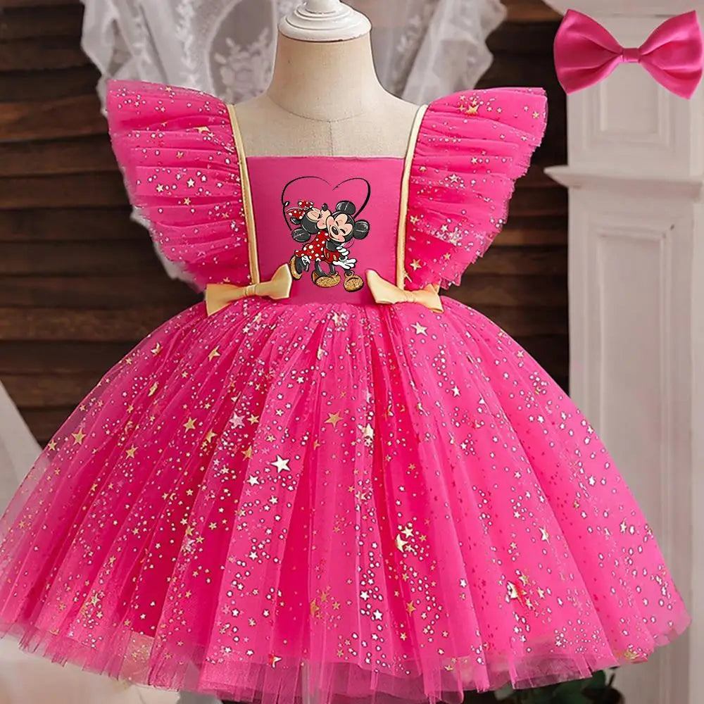 Mickey Minnie Mouse Princess Dress for Girls Sequined Star Ruffle Bow Tutu Baby Formal Gala Prom Gown Kids Evening Party Costume