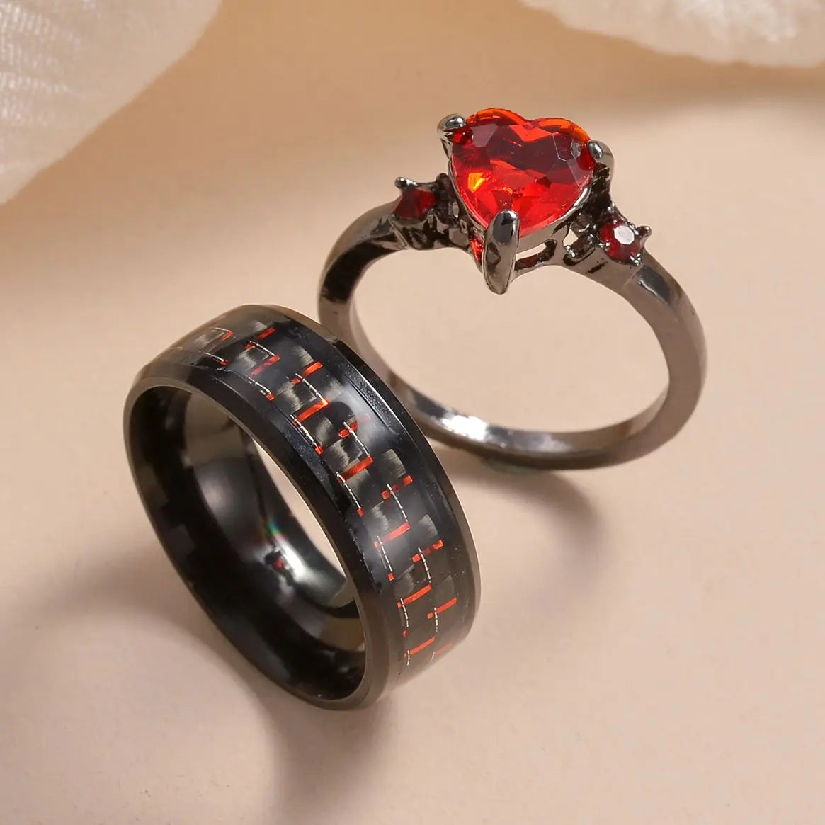 MeMolissa 2pcs Stainless Steel Red Crystal Ring Set For Men Women New Fashion Couple Rings Jewelry Gifts