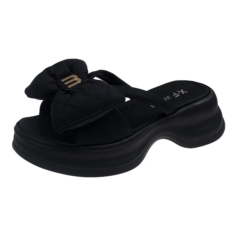 Women's Sandals New Korean Edition Casual Beach Shoes Versatile Thick Sole Shoes Bow Slippers Women's Outwear Summer
