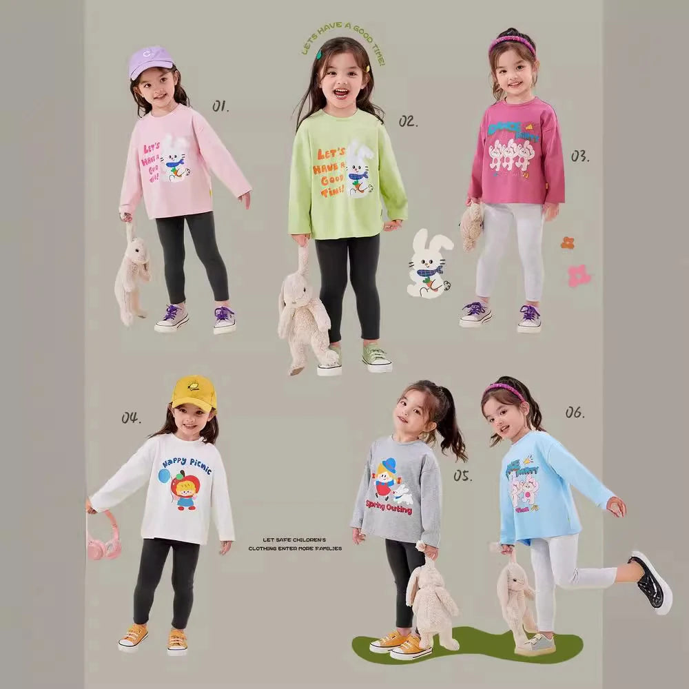 Kids Girls Printed T-shirt Autumn Cartoon Base Long Sleeve Baby Boys Top Versatile Pullover Bottom Children Girls Shirts