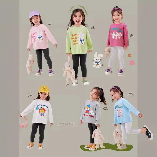 Kids Girls Printed T-shirt Autumn Cartoon Base Long Sleeve Baby Boys Top Versatile Pullover Bottom Children Girls Shirts