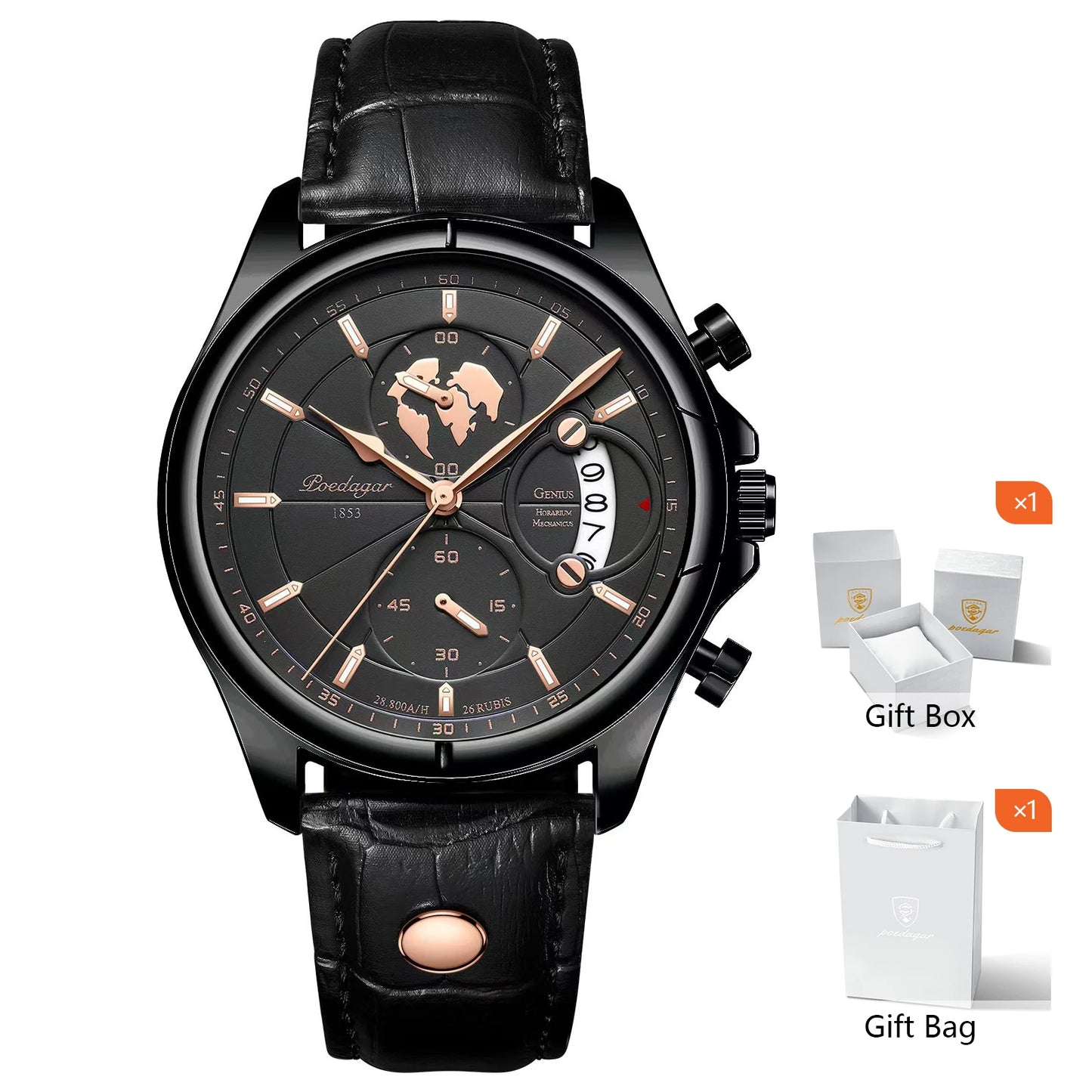POEDAGAR Luxury Watches For Men Chronograph Date Waterproof Luminous Man Watch Leather Quartz Business Men's Watch with Box Gift