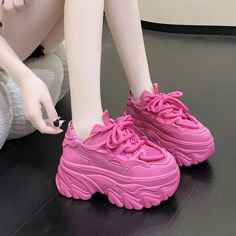 Hidden Heels White Chunky Sneakers Women Breathable Lace Up High Platform Shoes Woman 2025 Autumn Non-Slip Thick Bottom Sneakers