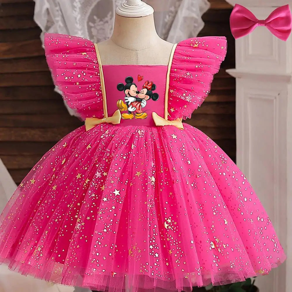 Mickey Minnie Mouse Princess Dress for Girls Sequined Star Ruffle Bow Tutu Baby Formal Gala Prom Gown Kids Evening Party Costume