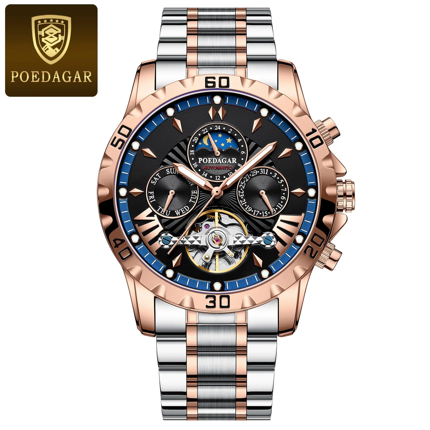 POEDAGAR Luxury Automatic Mechanical Wristwatch Waterproof Luminous Date Week Tourbillon Leather Men Watch Men's Fashion Watches