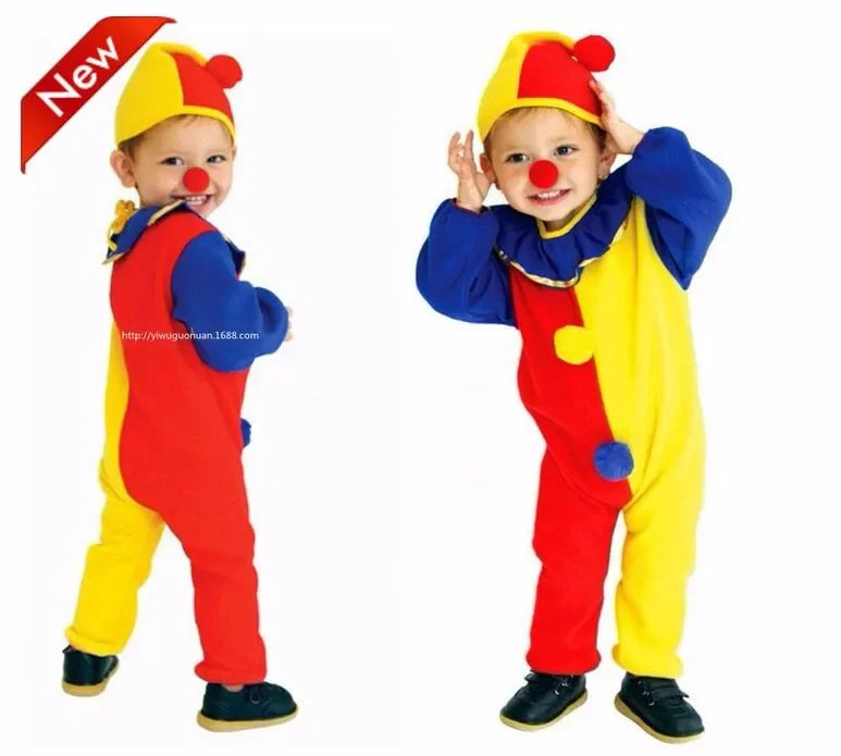 Children Halloween Buffoon Costumes Baby Clown Cosplay Costume Circus Jumpsuits Kids Christmas Day New Year Rompers Hat