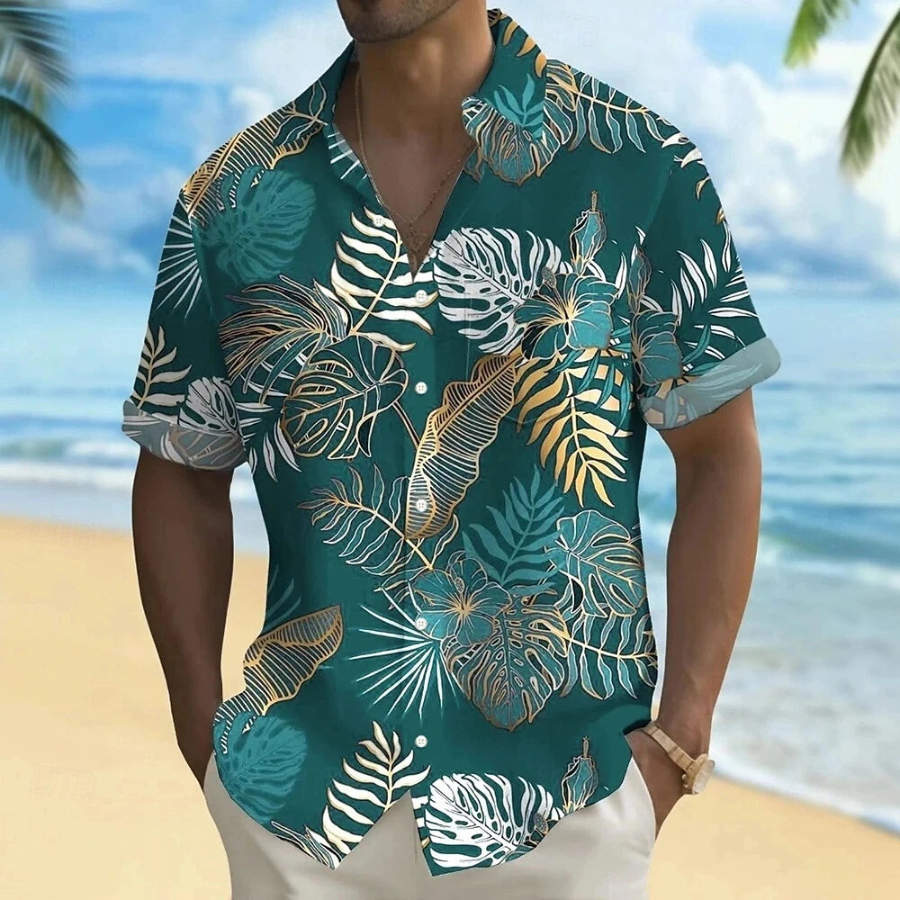 Hawaiian Men's Coconut Palm Tropical Plants Shirt Summer Casual Lapel Short Sleeve Shirts Male Outdoor Travel Oversized Clothing