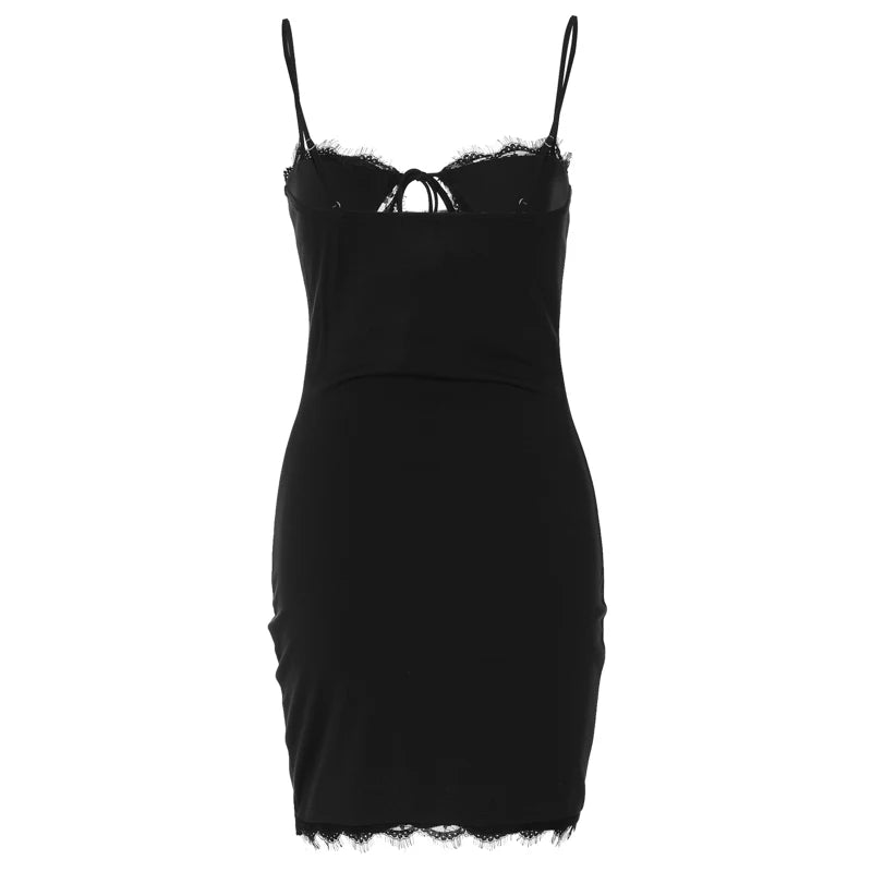 Hugcitar Black Slips Backless Hollow Out Lace Up Sexy Bodycon Elegant Mini Dress Summer Women New Y2K Outfits Festival Nightclub